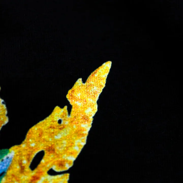 ตัวอย่างรายละเอียดงานสกรีน DTG บนเสื้อสีดำจาก Loomora DTG